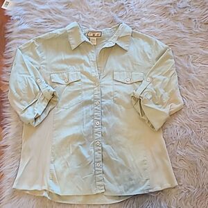 Carribean joe womens light‎ green cotton button down shirt size large